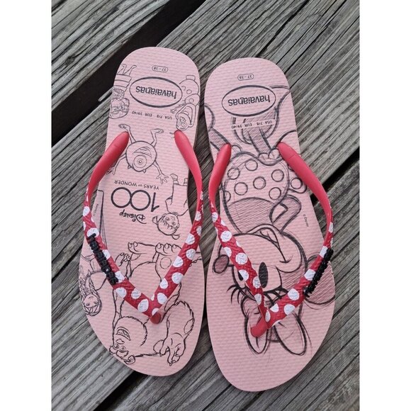 Havaianas Disney Flip Flops Ft Minnie Mouse & Pixar Characters Adult Sz 7/8 - Picture 1 of 2